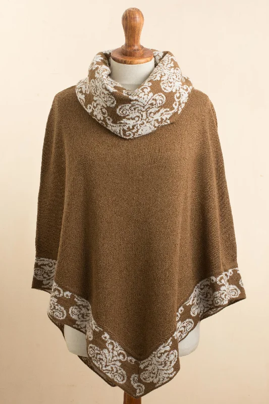 long cardigan relaxed flow -Glamour Glimpses Sepia Brown and Ivory Alpaca Blend Cowl Neck Knit Poncho