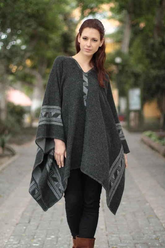 cardigan with pom-pom trim -Gray & Black Glyphs Alpaca Blend Reversible Poncho