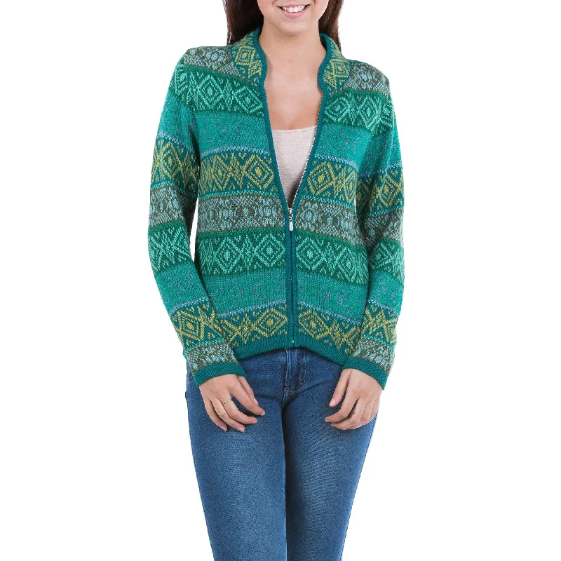 cardigan with flared cuffs -Green Andean Countryside Alpaca Cardigan