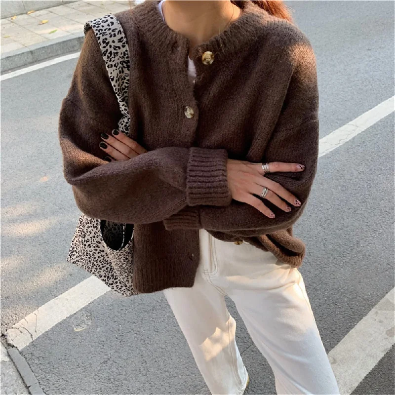 brushed cardigan fuzzy feel -Amy Fashion - Sweaters Cardigans Warm Casual Arrival Solid Knitwear Loose Coat