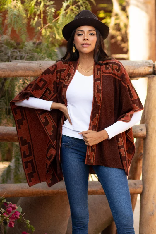 cardigan with satin trim -Inca Afternoon in Russet Russet and Black Alpaca Blend Ruana from Peru