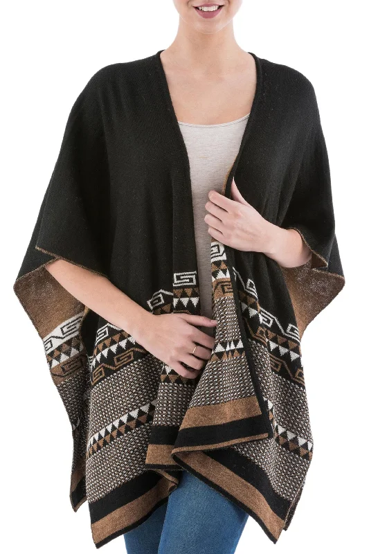 cropped cardigan retro flair -Incan Kingdom in Golden Brown Reversible Alpaca Blend Ruana in Black and Golden Brown