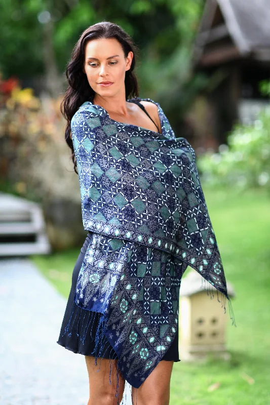 sable cardigan deep brown -Java Starlight Fair Trade Batik Silk Patterned Blue Shawl