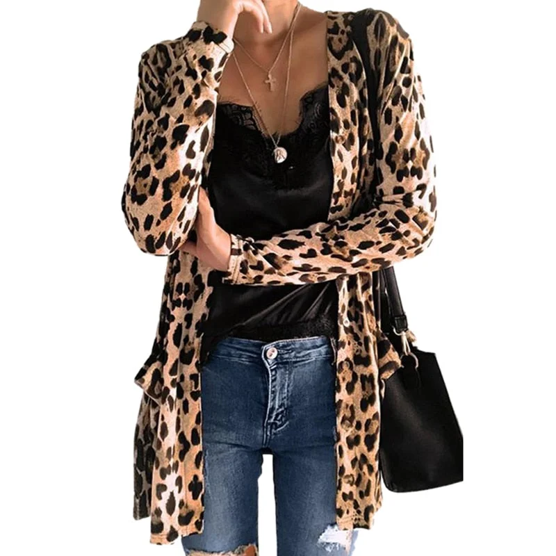 organic linen cardigan eco -Amy Fashion - Fashion Sweaters Long Sleeve Leopard Print Knitted Top