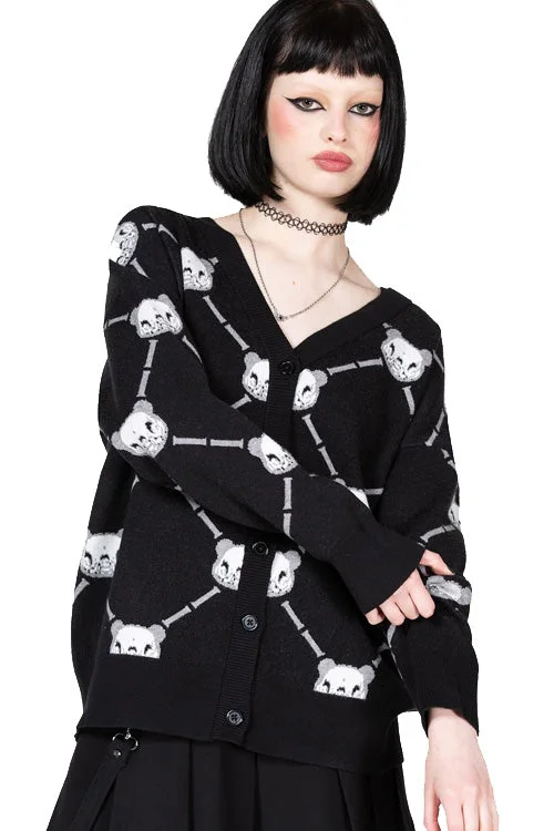 breathable velvet cardigan soft -Killstar Gloomy Bear Collab Bone to Pick Oversize Cardigan Argyle and Skull Detail Knitted