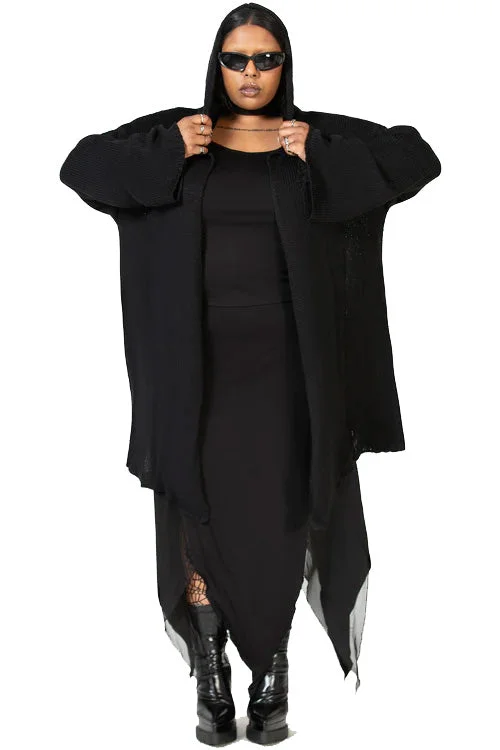 cardigan with flared hemline -Killstar Kihilist Forgetful Wishing Hooded Knit Cardigan Drapey and Flowing