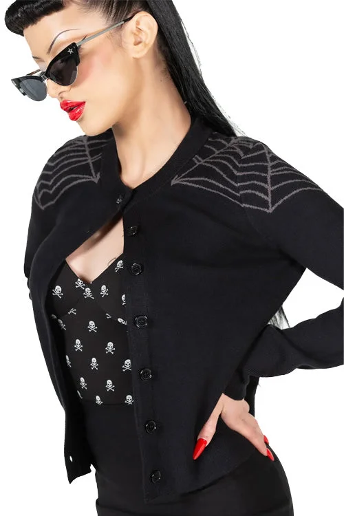 cardigan with satin hem -Killstar Web With It Cardigan Gothabilly Spiderweb Detail Knitted