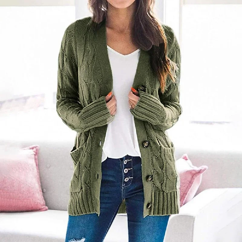 long cardigan relaxed drape -Amy Fashion - Women Knitted Cardigan Pockets Button Sweater Coat