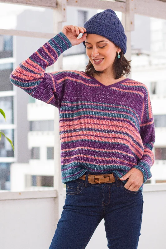 cardigan with curved hem -Mesa Sunrise Multi-Color Stripe Alpaca Blend Long Sleeve V-Neck Sweater