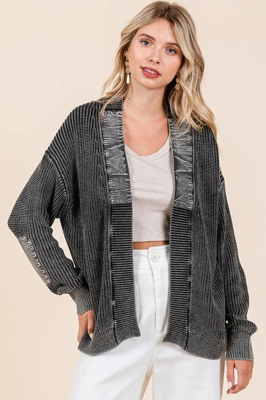 cardigan with flared cuffs -Mittoshop Contrast Patch Open Front Mineral Wash Cardigan