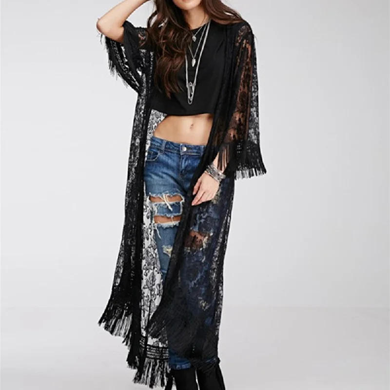 long cardigan elegant flow -Amy Fashion - Long Perspective Kimono Loose Tassels Shawl Cardigan