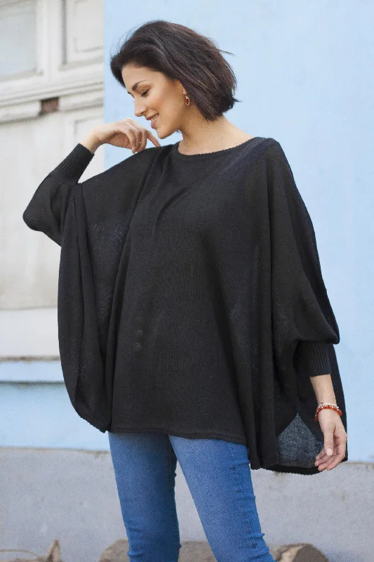 short cardigan sporty vibe -Night Breeze Soft Knit Bohemian Style Black Drape Sweater from Peru