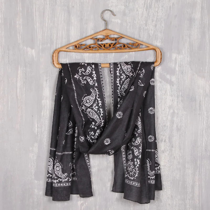 cardigan with pearl hem -Paisley Charcoal Paisley Print Cotton Shawl in Charcoal from India