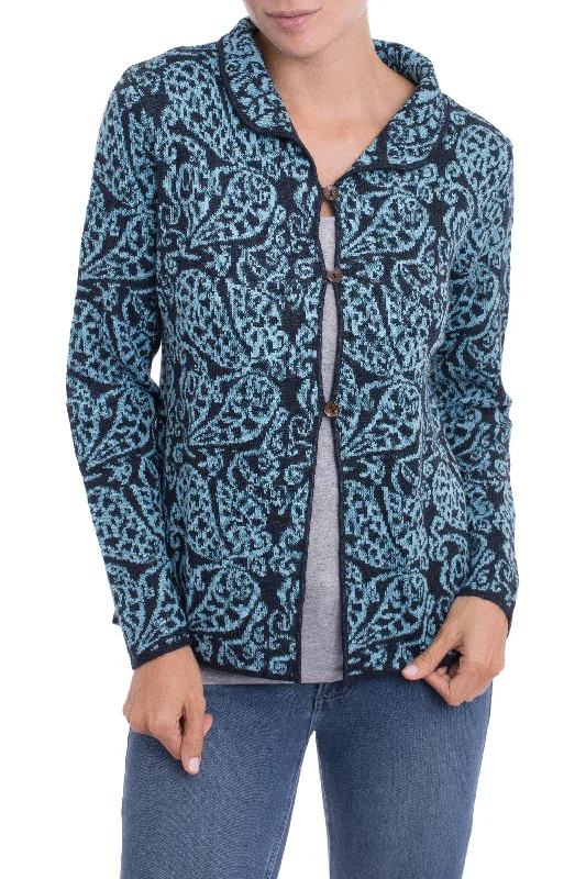 cardigan for women soft periwinkle -Paisley Elegance in Cerulean Alpaca Blend Cardigan with Cerulean Paisley Motifs from Peru