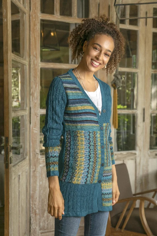 cardigan with slit cuffs -Patchwork in Teal Cable Knit 100% Alpaca Cardigan in Teal from Peru