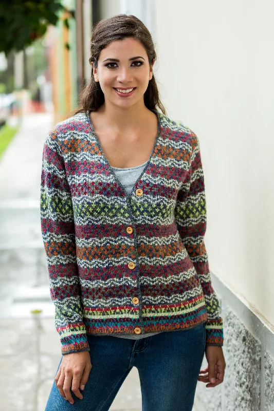 fuchsia cardigan bold hue -Rainbow Mist V-neck Alpaca Cardigan with Cedar Buttons