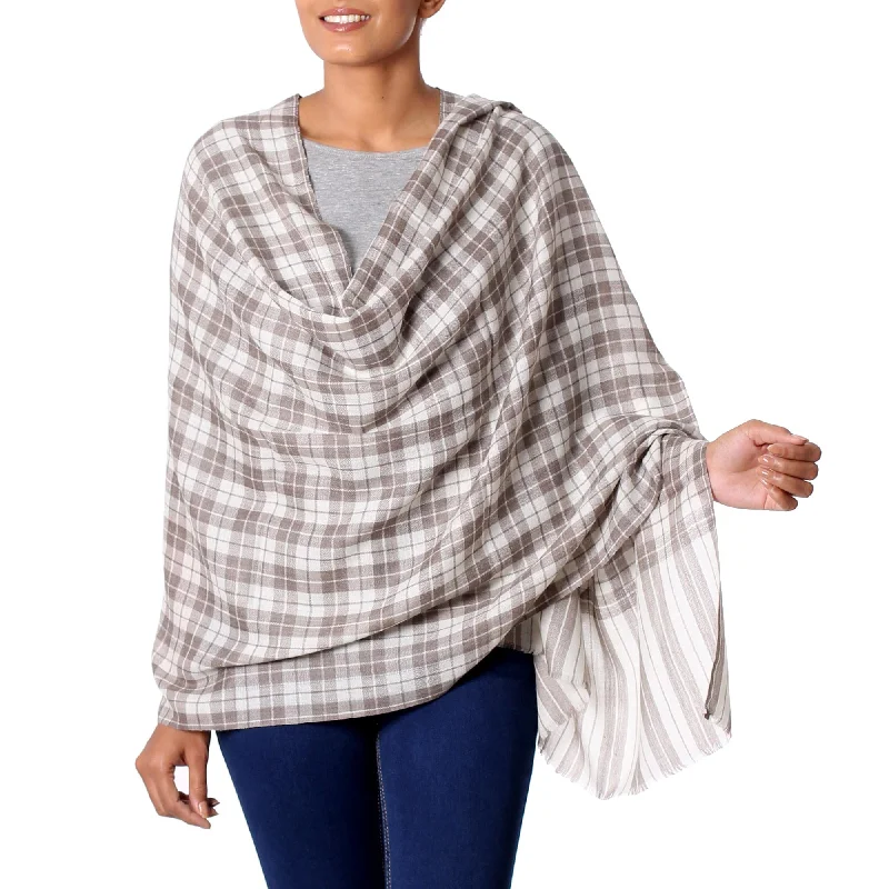 umber cardigan deep tone -Salient Paths Wool Shawl from India Grey Checkered Pattern over Cream