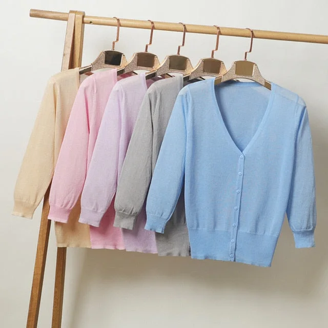 cardigan with ribbed hem -Amy Fashion - Knitted  3/4 Sleeve V-Neck Solid Casual Woman Cardigan Sweater