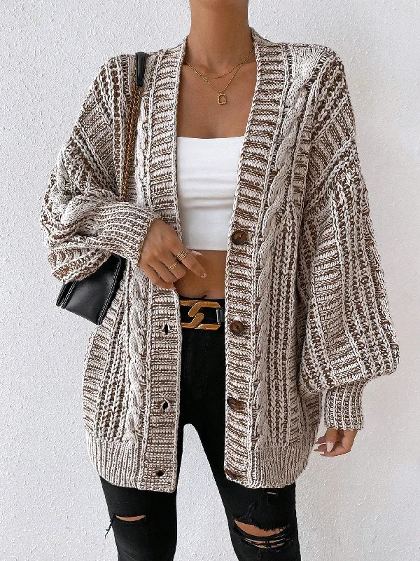 tie-front cardigan stylish knot -Amy Fashion - Space Dye Drop Shoulder Cable Knit Lantern Sleeve Cardigan