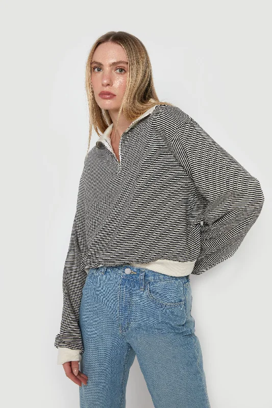 cardigan with wooden buttons -STRIPED COLLARED LONG SLEEVE TOP