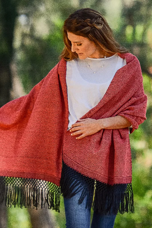 cardigan with lace trim -Striped Diamonds in Red Handwoven Red and Black Diamond Striped Cotton Rebozo