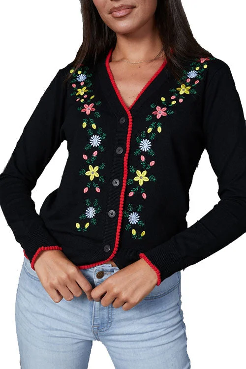 cardigan with ribbed hem -Timeless London Floral Embroidered Cardigan in Black with Red Trim