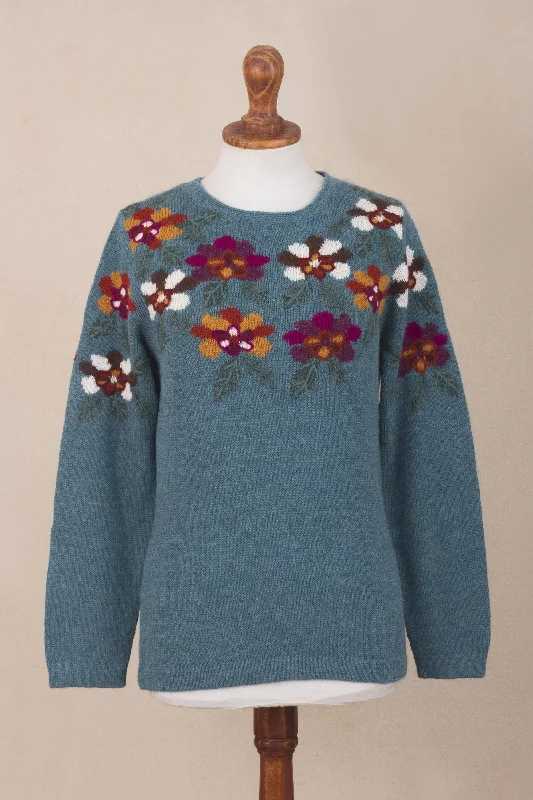 cardigan for women midnight blue -Turquoise Garden Intarsia Knit Turquoise Floral Alpaca Sweater