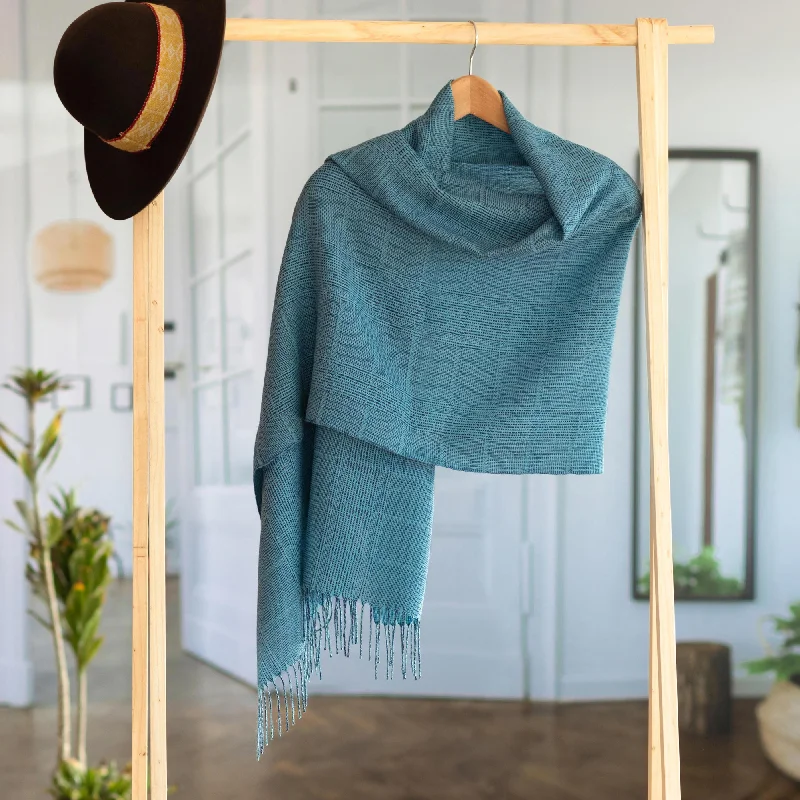 thick bamboo cardigan snug -Whispering Azure Azure Blue Patterned Handwoven Baby Alpaca Shawl