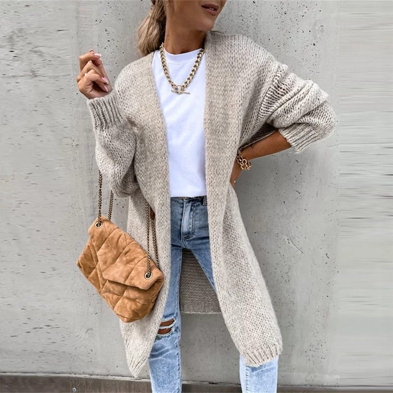 short cardigan sporty look -Amy Fashion - Women Casual Long Sleeve O-Neck Cardigan Solid Loose Knit Coats