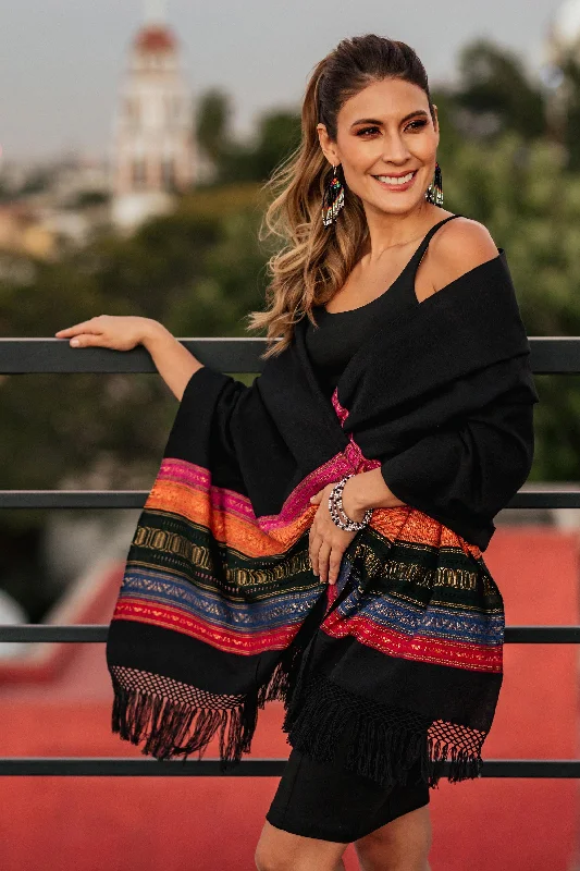 cardigan for women deep plum -Zapotec Night Splendor Black Zapotec Rebozo Shawl with Colorful Geometric Stripes