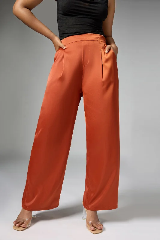 team stretch pants -Caramel Rust Satin Straight Korean Pants