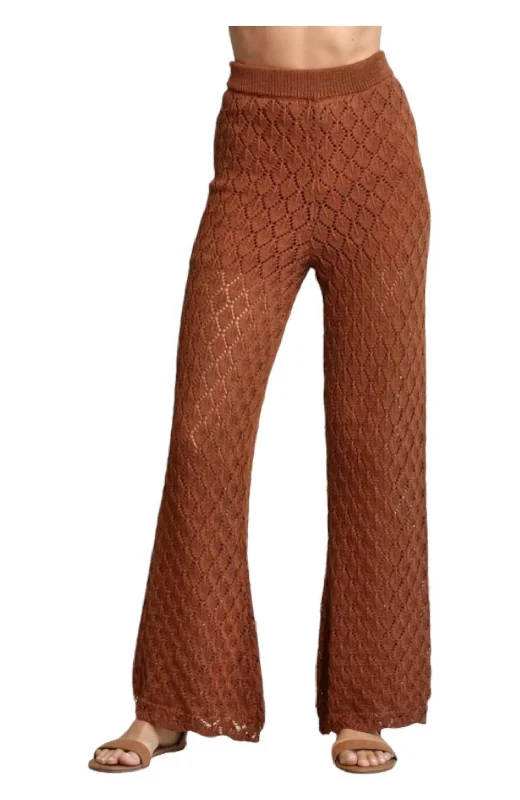 moss twill pants -Crochet Knit Wide Leg Pants In Rust