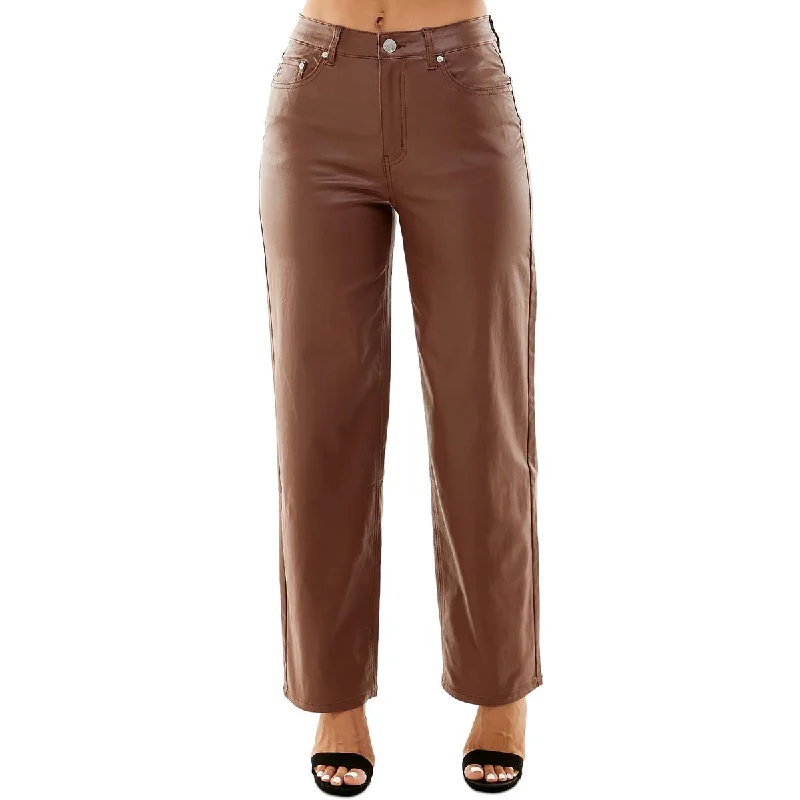 slim weave pants -Juniors Womens High Rise Faux Leather Wide Leg Jeans