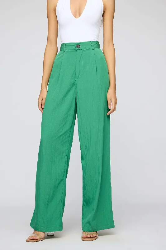 long check pants -Lush Green Pleated Straight Fit Korean Pants