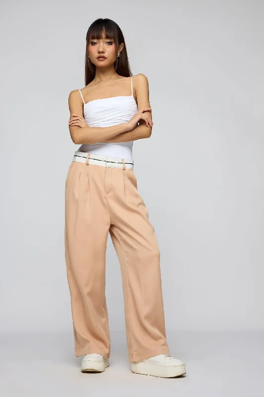 wave pattern pants -Muted Peach Contrast Waist Korean Pants