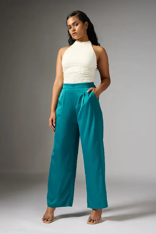 paprika check pants -Opal Green Satin Straight Korean Pants