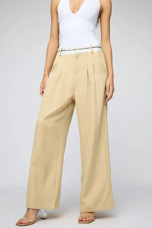 heavy check pants -Pale Khaki Contrast Waist Korean Pants