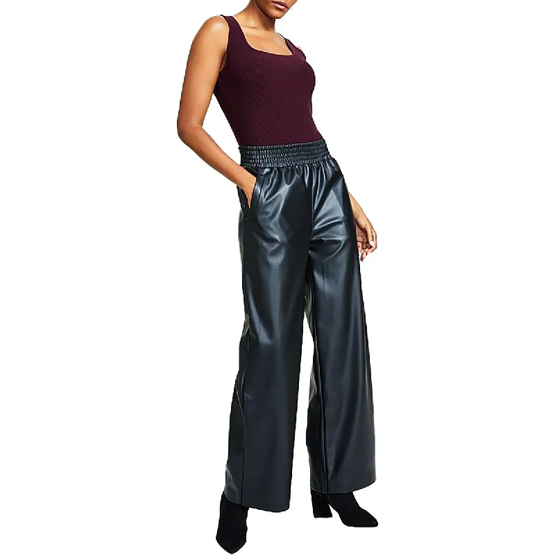 women’s travel pants -Petites Womens High Rise Pull On Wide Leg Pants