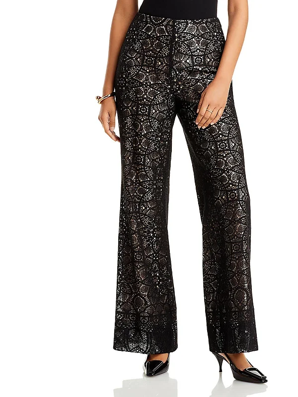 mock hem pants -Piper Womens Lace Sequined Wide Leg Pants