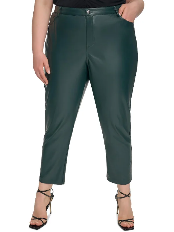 junior stretch pants -Plus Womens Faux Leather Stretch Straight Leg Pants