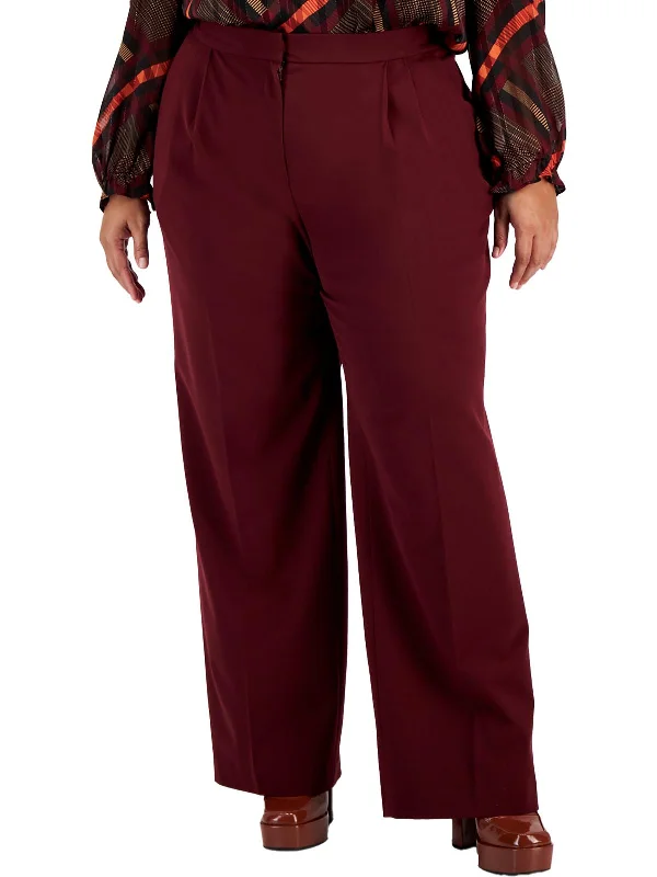 soft waist pants -Plus Womens Pleated High Rise Wide Leg Pants