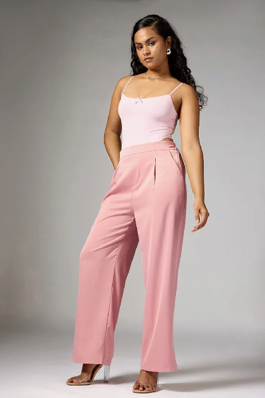 tunic stretch pants -Quartz Pink Satin Straight Korean Pants