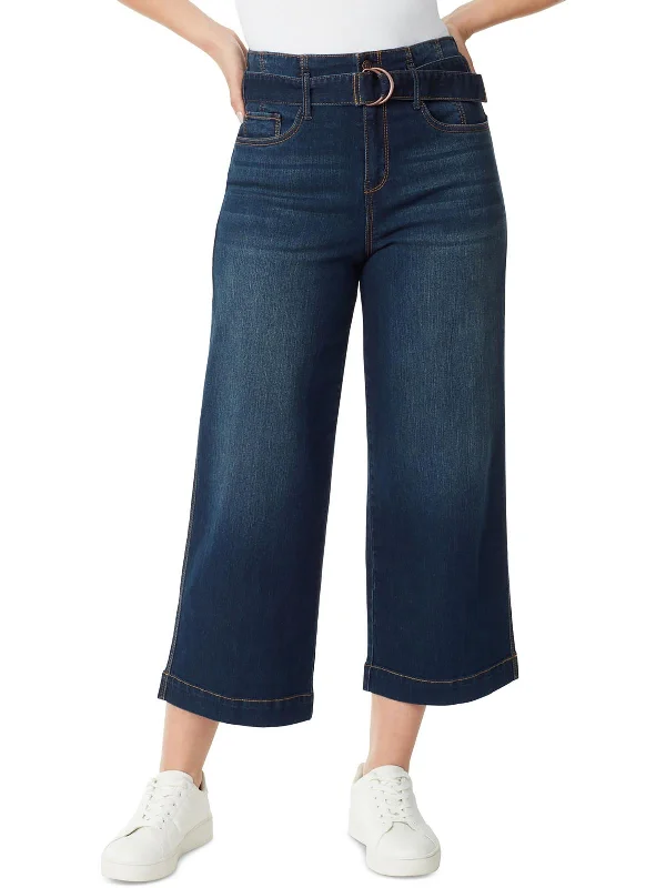 curvy stretch pants -Womens Belted Wide Leg Cropped Jeans