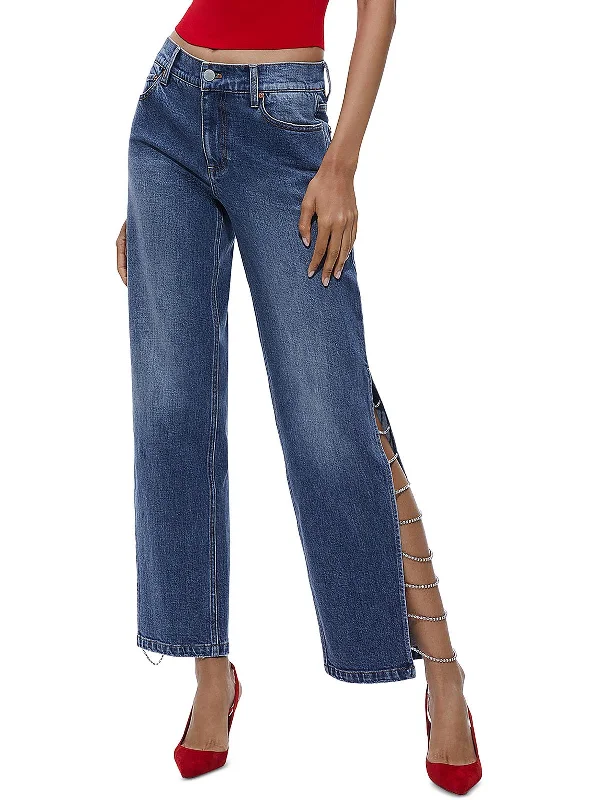 khaki casual pants -Womens Denim Jeweled Straight Leg Jeans