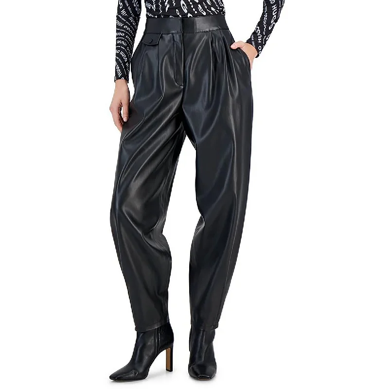 slim weave pants -Womens Faux Leather Pleated Trouser Pants