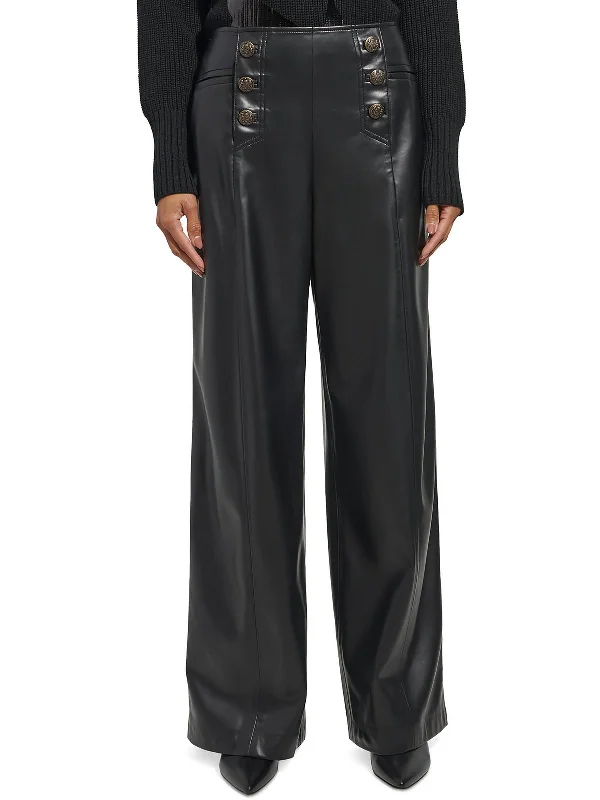 sweat-resistant pants -Womens Faux Leather Wide Leg Pants