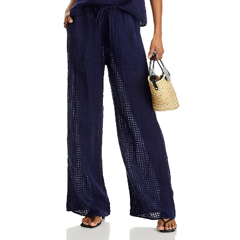 maternity check pants -Womens Linen Draw String Wide Leg Pants